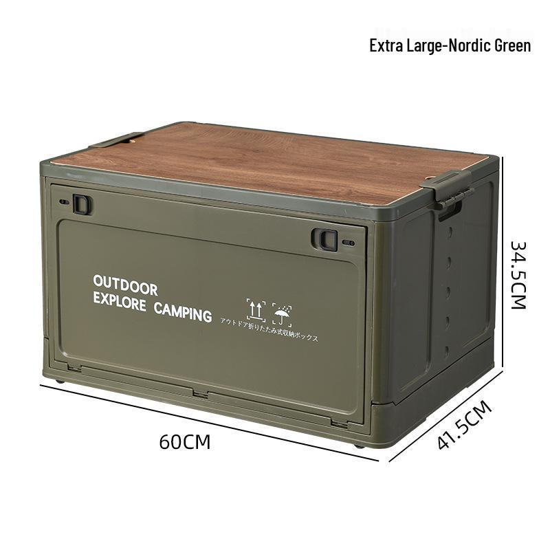 Portable Wheeled Camping Storage Box with Wooden Lid and Side-Opening Access