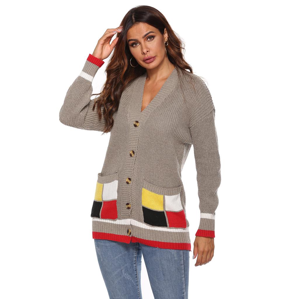 Autumn and Winter Women's Thickened Cardigan Colour Blocking Pockets Single-breasted V-neck Casual Jumper