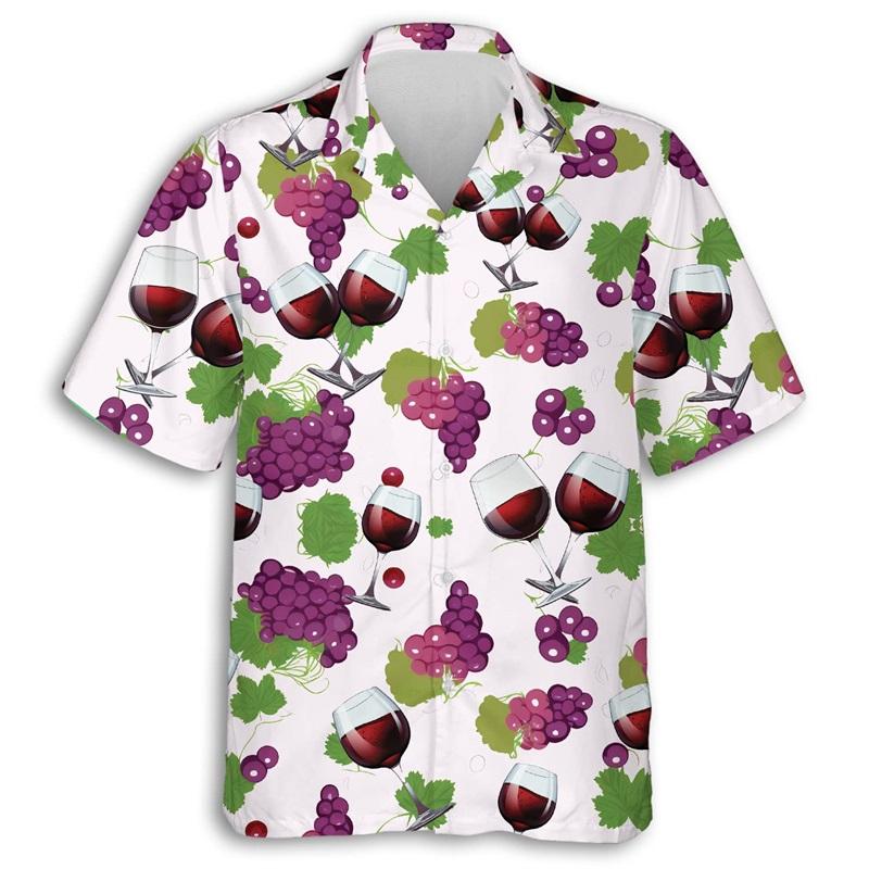ETST51 3D Print Mousserende Wijn Grafisch Hawa&iuml;aans Shirt Voor Mannen Zomer Korte Mouw Champagne Knopen Beach Shirt Mannen Blouse Tops M
