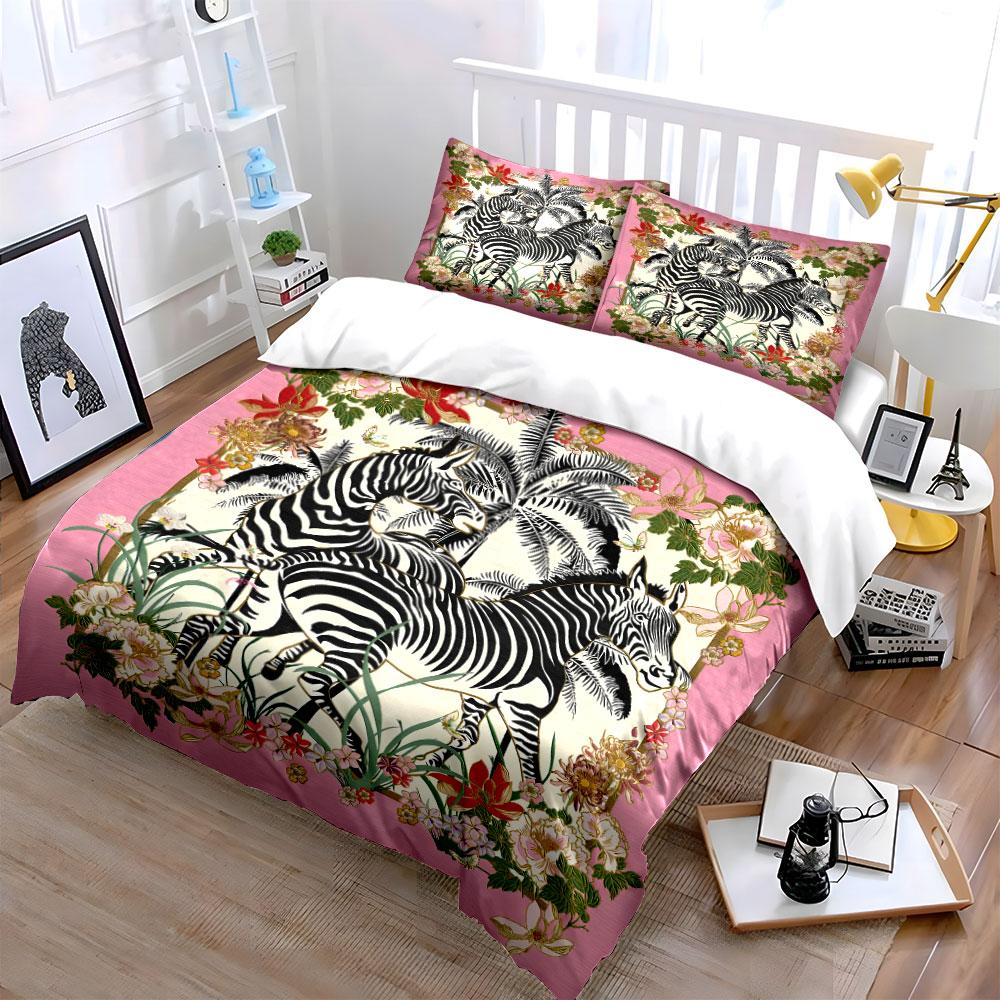 Zebras with Floral Background Bedding Set for Kids Luxury Gift 3pcs Digital Print Comforter Set Soft Comfortable Breathable