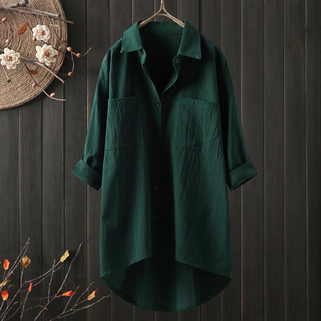 Cardigan décontracté en coton et lin pour femme - Chemise colorée à manches longues avec double poche