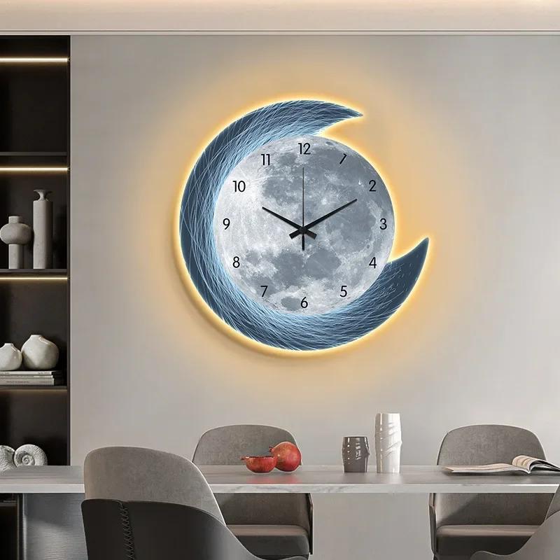 

16in Home Quality Wall Clock Dining Room Living Moon The Earth Modelling LED Light Silent Movement Bedroom Clock Wall Decoration 16 inch серебряный