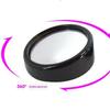 Small round mirror with 360 degree rotation for blind spot viewing, featuring convex glass for wide angle rear view assistance.