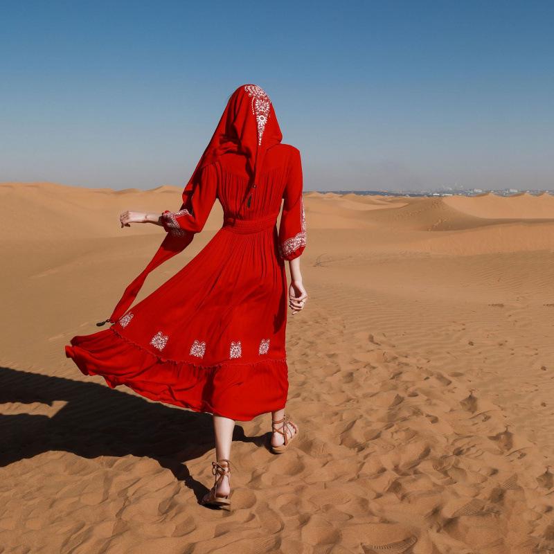 Yunnan Sanya Fairy Beach Red Dress - Women's Long Slimming Desert Travel Outfit