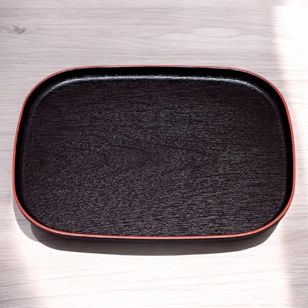 Osho Wood Grain Oval Tray Black with Lacquerware Made in Japan J-kitchens (42cm), Red, (ABS Resin),