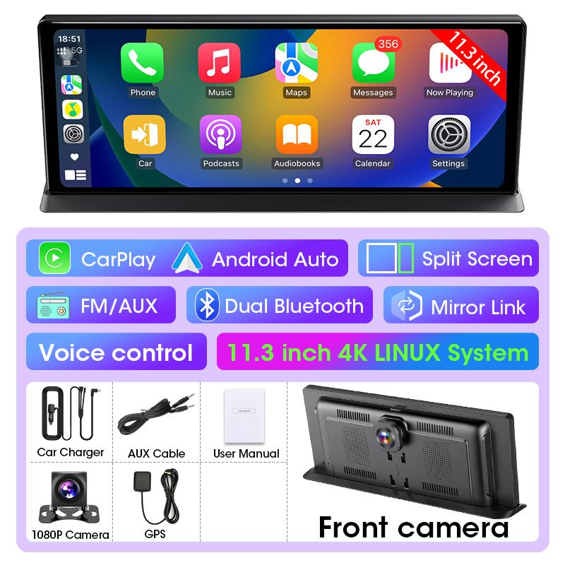 11.3" 4K Car DVR Wireless Carplay Android auto Ai Screen Dash Cam Dual Lens Video Recorder Navigation GPS 1080P Mirror Monitor