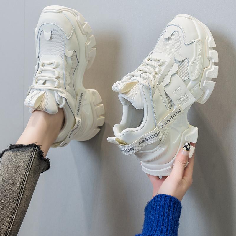 Daddy Shoes Autumn Women's Fashion Platform Black Sneakers Leather Versatile Non-slip Heightening Casual Shoes