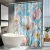 ~O~1pc Pastel Floral Shower Curtain - Realistic Tulips & Clouds, Soft Flowers, Polyester, 70x70In, 12 Hooks, Washable, All-Seaso