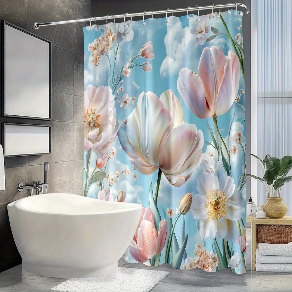 

1pc Pastel Floral Shower Curtain - Realistic Tulips & Clouds, Soft Flowers, Polyester, 12 Hooks, Washable, All-Season W90xH180cm