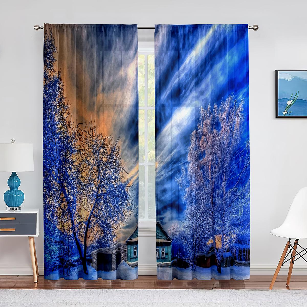 

Зимний лес, горный пейзаж, заснеженное дерево, прозрачная вуаль, шторы для гостиной, спальни, тюлевые шторы, занавески для окон 1 PCS W100XH250cm&Grommet Top