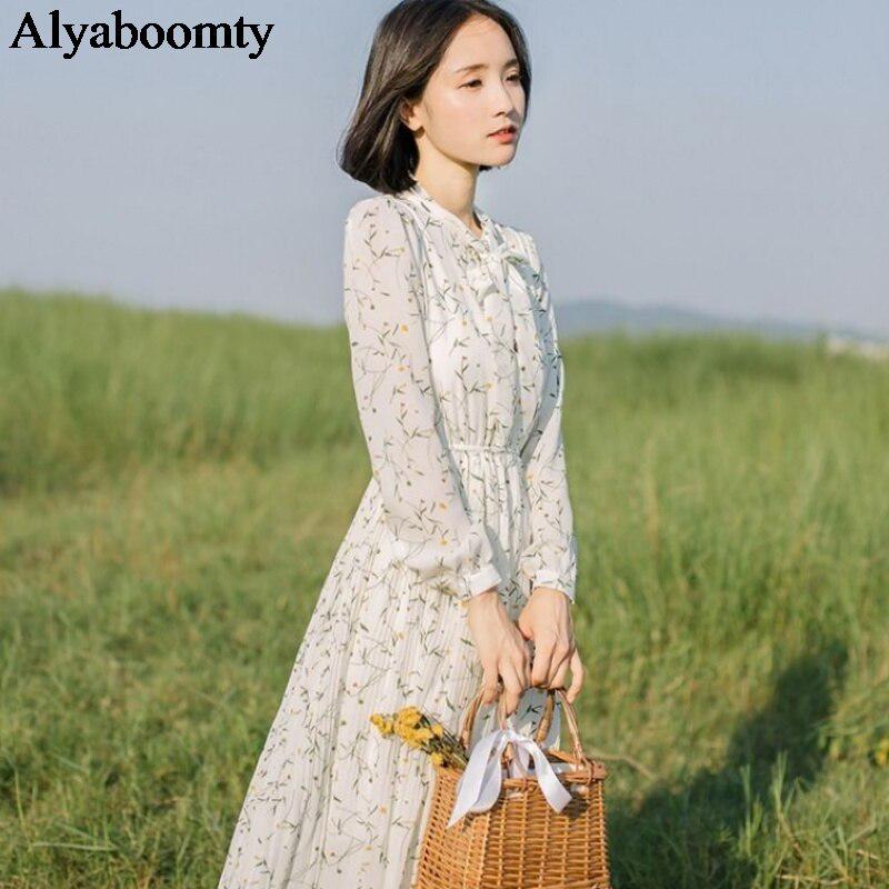 

Осеннее женское длинное платье бежевого цвета с цветочным принтом, сладкое элегантное шифоновое плиссированное платье XL