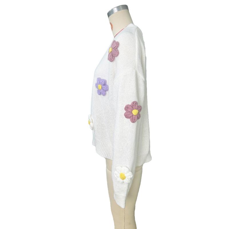 Dam Höst Vinter Söt Stickad Kofta Långärmad Knäppning Lös Varm Tröja Blomtryckt Öppen Framsida Kappa