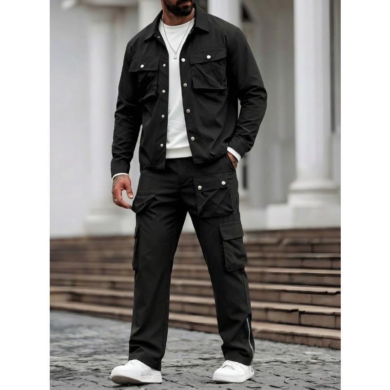 

Men s Cargo Pocket Workwear Jacket And Pants Two Piece Set S чорний
