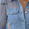 Mesh Patchwork Denim Blouse Women Shirt Perspective Cold Shoulder Long Sleeve Country Music Festival Top Tops Lapel Buttons Placket Concert