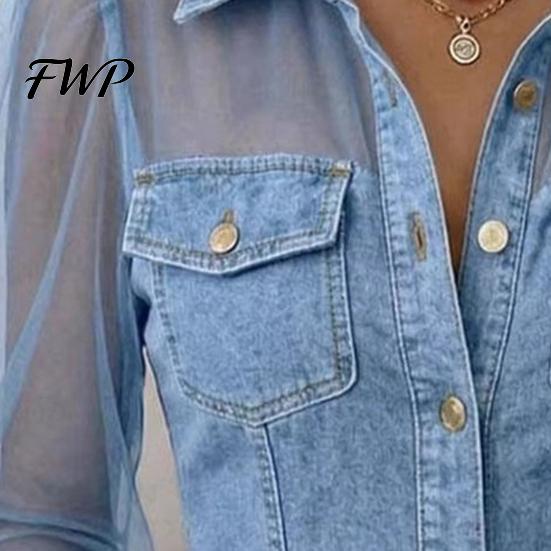Mesh Patchwork Denim Blouse Women Shirt Perspective Cold Shoulder Long Sleeve Country Music Festival Top Tops Lapel Buttons Placket Concert