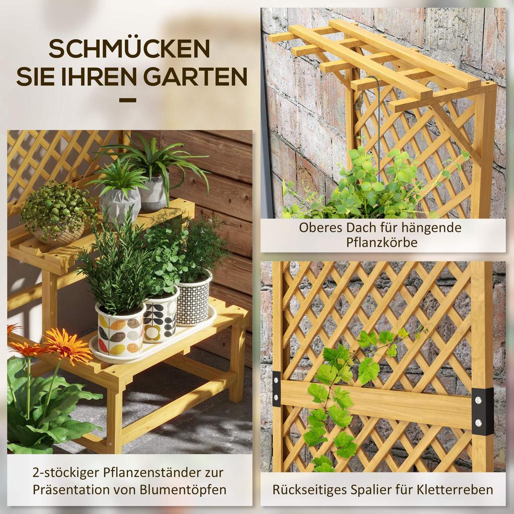 Wooden Plant Stand, with Trellis - Natural Finish