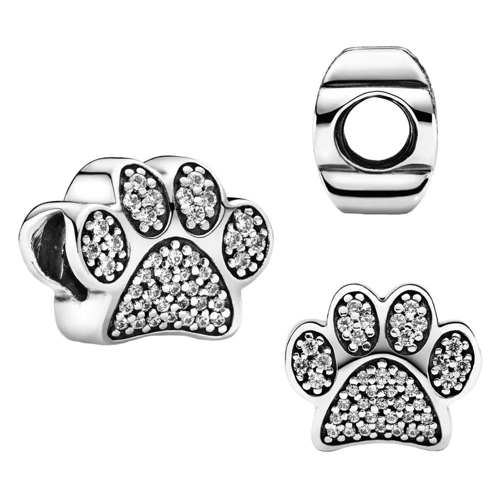 S925 Silver Heart Cat Paw Charms Beads for Women DIY Bracelets Fine Jewelry Birthday Gifts