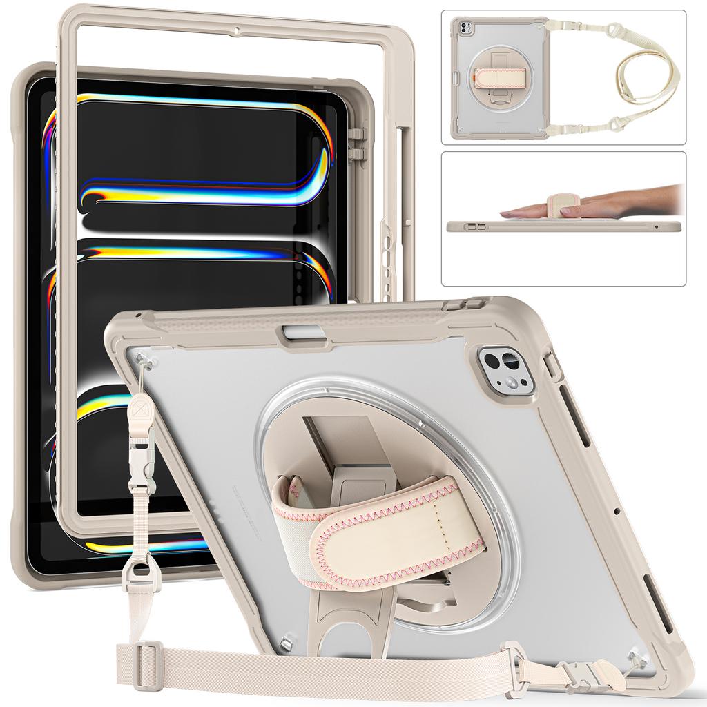 For iPad Pro 13 (2025)/(2024) Case Hand Strap Kickstand PC+TPU+Silicone Cover with Shoulder Strap