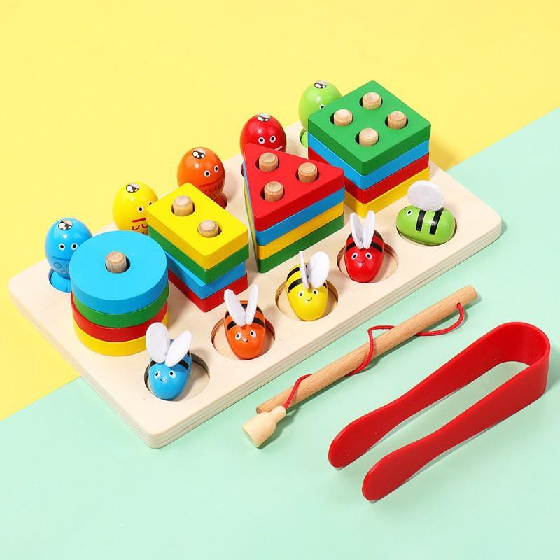 Montessori Wooden Fishing Clip Bee 3 In 1 Pillars Early Education Hand Eye Coordination Color Recognition Interactive Baby Toys