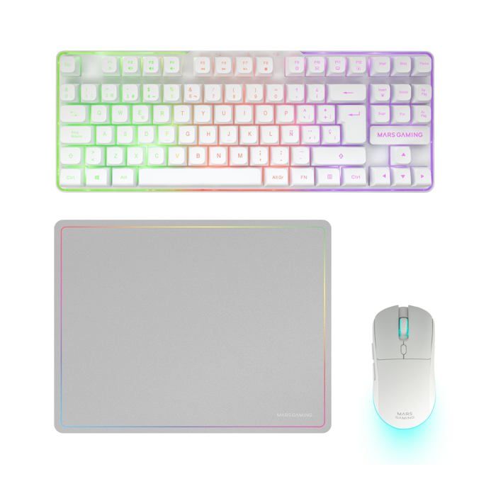 Combo gaming sans fil - Mars Gaming - Clavier TKL FRGB - Souris RGB 3200 DPI - Tapis 360x260 mm - Blanc - Rechargeable
