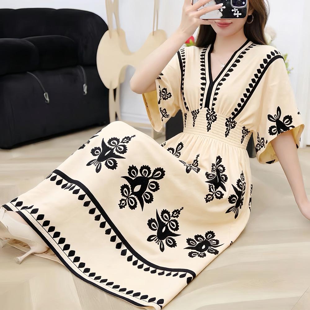 26-Year Floral V-Neck Cotton Silk Batwing Sleeve Beach Dress - Thailand Travel & Vacation Skirt Style