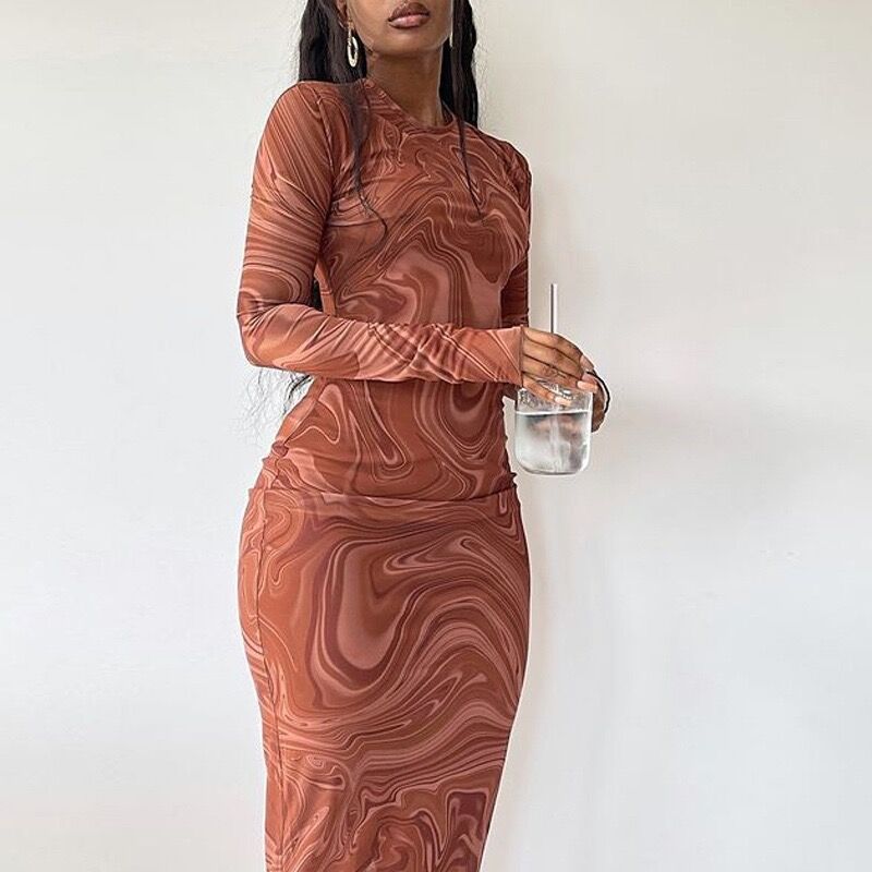

Hot-selling spring and summer long dress long-sleeved skirt printed round neck tight skirt slim-fitting medium and long dress S светло-коричневого