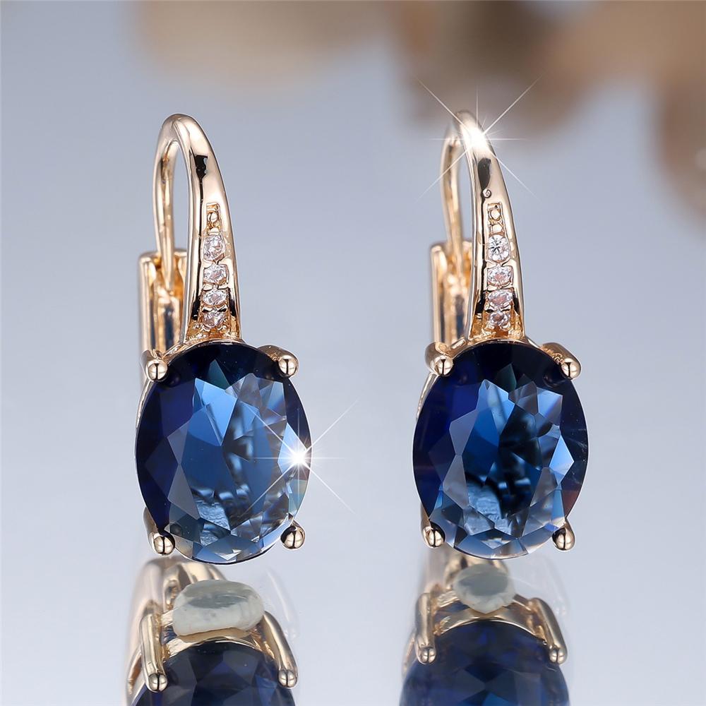 Trendy Crystal Blue Zircon Oval Stone Hoop Earrings For Women Vintage Gold Color Wedding