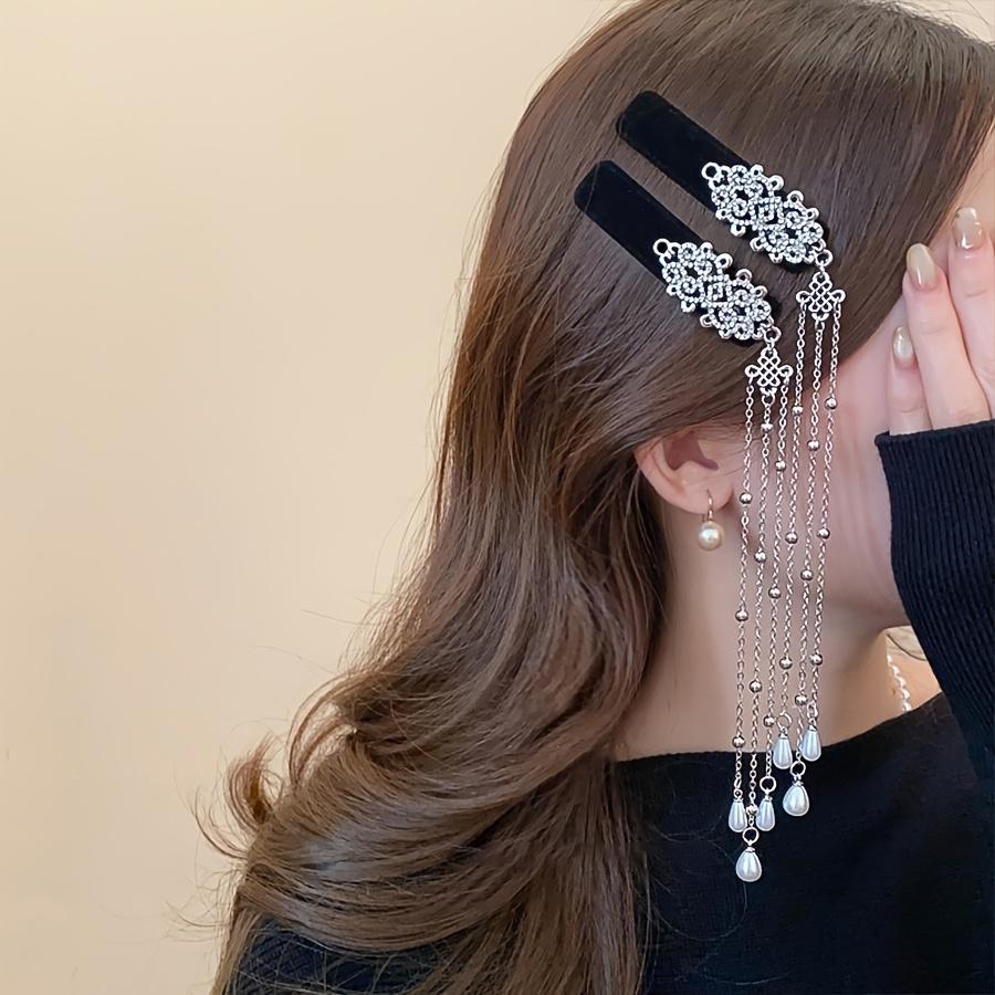 1PC Retro Ethnic Style Silver Diamond-encrusted Chinese Knot Imitation Pearl Tassel Hairpin Women's New High-end BB Clip Temperament Hair Accessories