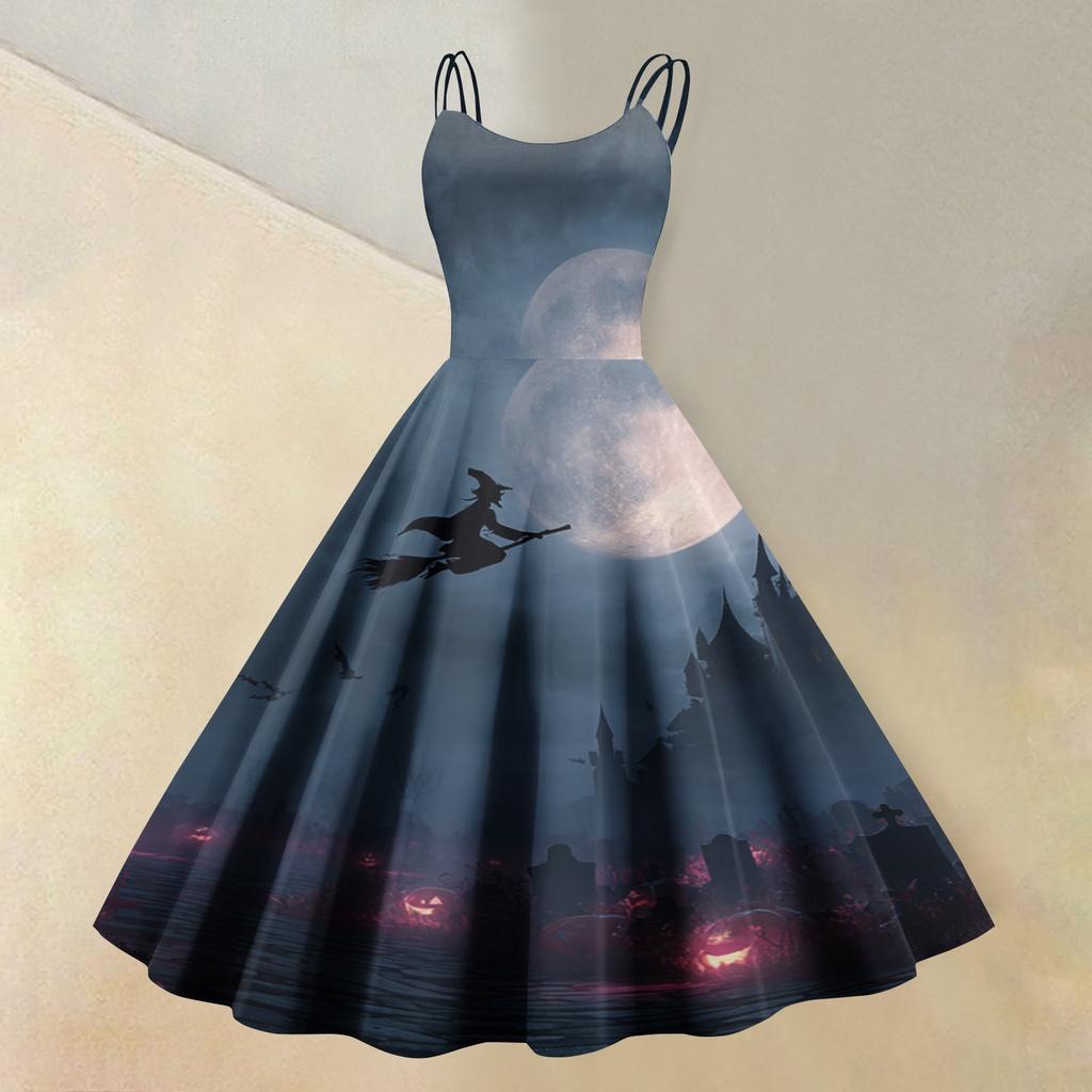 Women's Sleeveless Casual Dress with Halloween Print Round Neck Vintage Style Fit and Flare Midi Dress for Everyday Wear