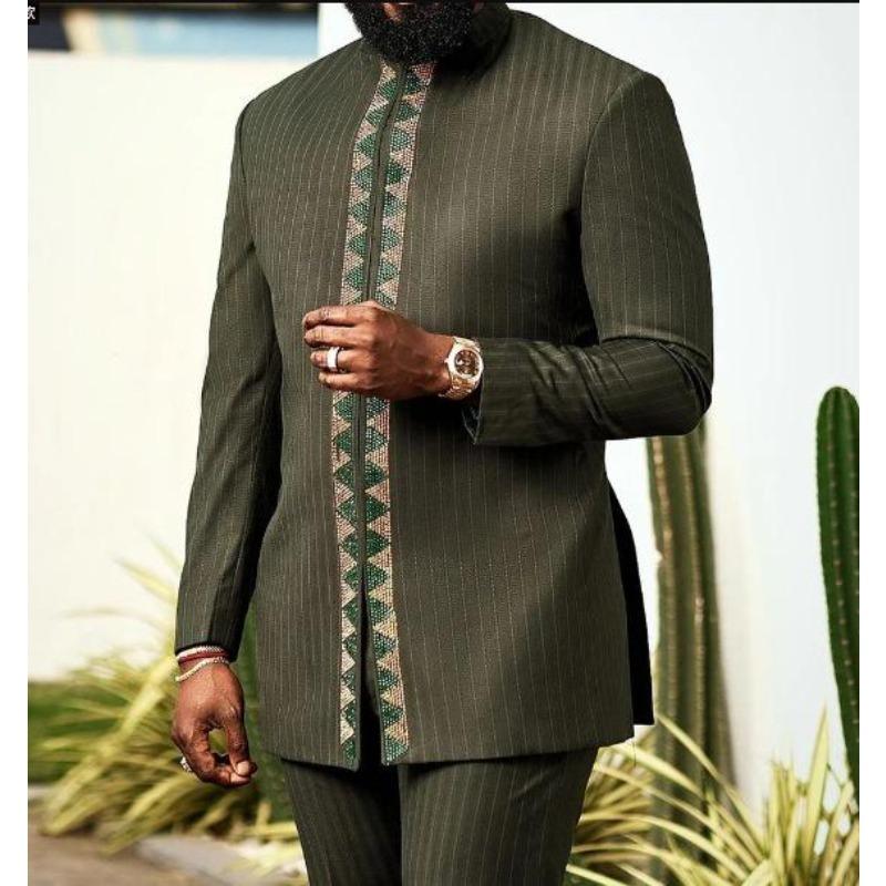 

2026 African Ethnic Men s Striped Embroidered 2-Piece Casual Suit Set M армия зеленый