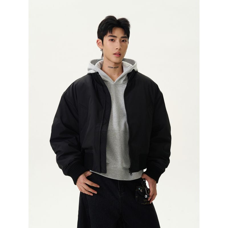 Kisko Winter American Casual Profile Stand Collar Pilot Jacket Trendy Black & Warm Short Cotton Coat Jacket