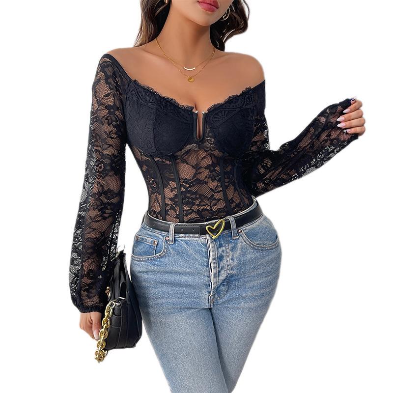2025 New Lace Lace V-neck Off-shoulder Long Sleeve Elegant Sexy Jumpsuit