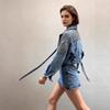Womens Short Denim Jacket With Batwing Sleeves Rivet Embellished Relaxed Fit Washed Finish Fall 2025