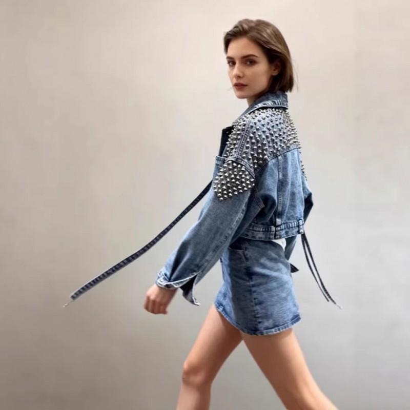 Womens Short Denim Jacket With Batwing Sleeves Rivet Embellished Relaxed Fit Washed Finish Fall 2025