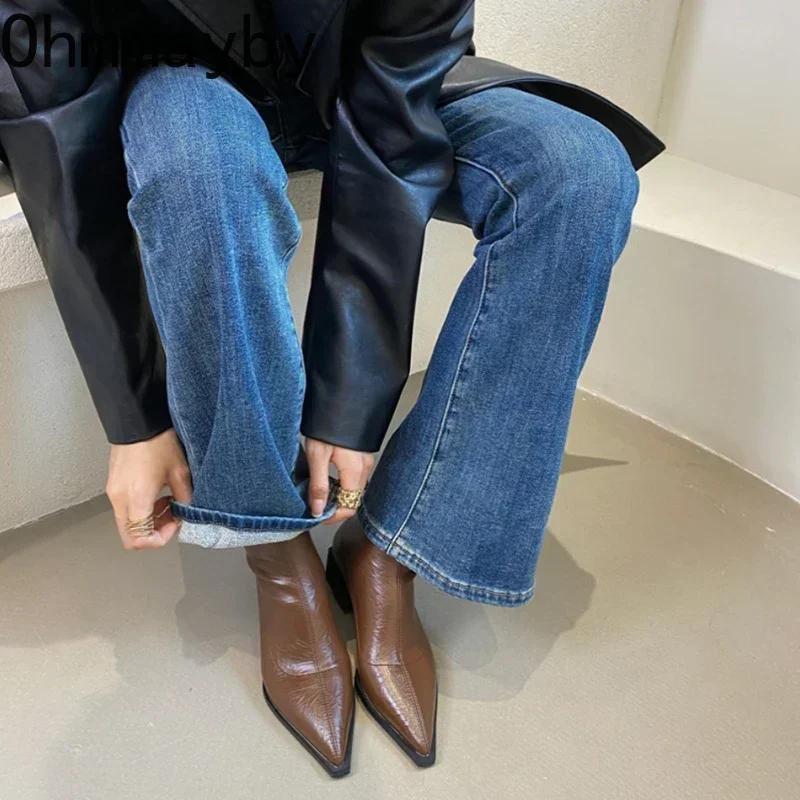 Fashion Pointed Toe Women Ankle Boots Fashion Thick Heel Slimming Short Booties Autumn Winter Soft Leather Female Shoes