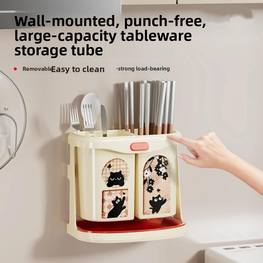 Large Capacity Wall Mounted Chopstick Cage Cartoon Pattern Draining Function Kitchen Storage Tube Divided Compartments Plastic