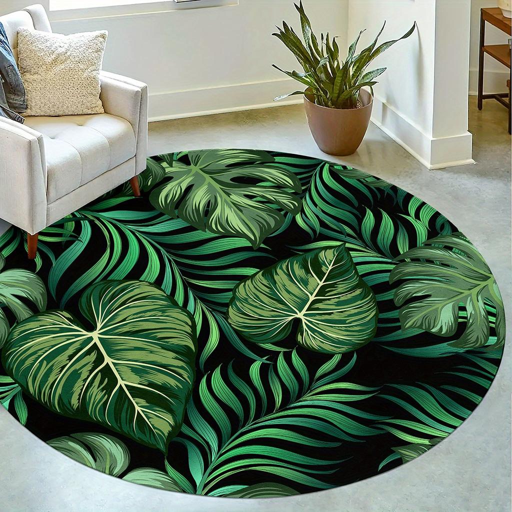 1pc Tropical Green Leaf Round Rug Flannel Soft Modern Living Room Chair Area Decor Non Slip Washable Jungle Botanical Floor Mat