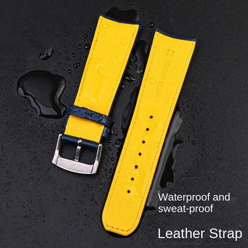 22mm 23mm Cowhide Watch Strap For CITIZEN Blue Angel Radio Wave Watch Band AT8020-54L/8020-03L/JY8078 Curved End Yellow Bracelet