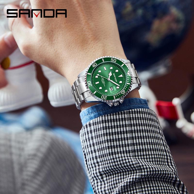 Sanda Steel Band Men's Quartz Watch with Simple Calendar, Waterproof, Green Dial