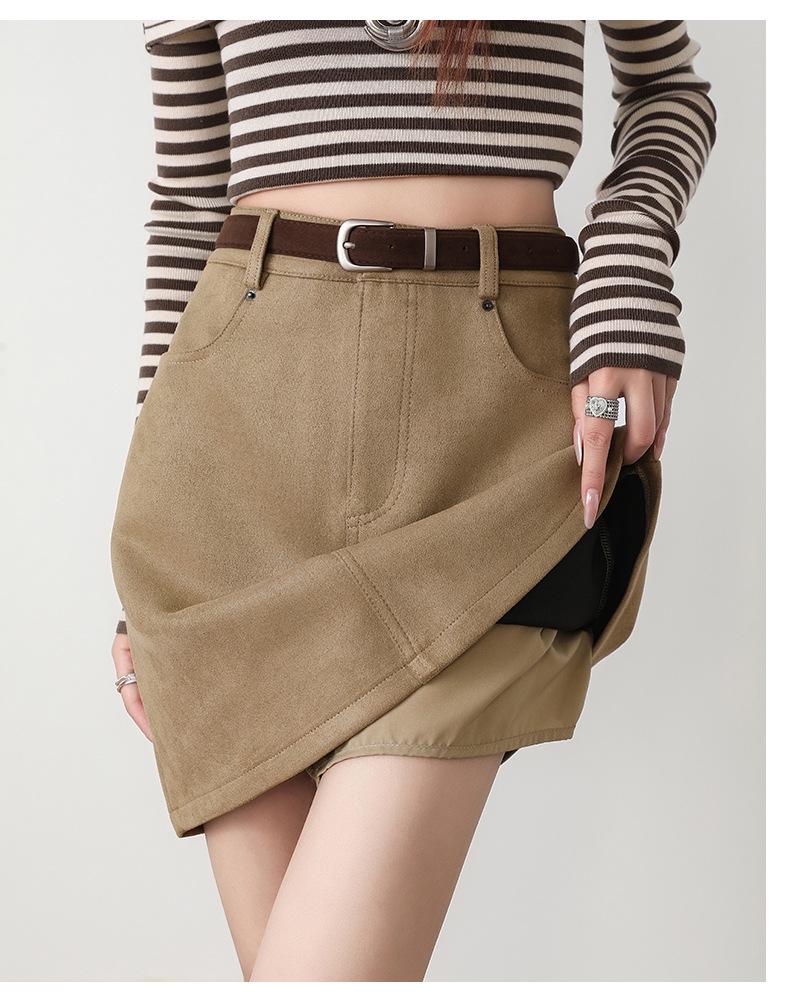 Damen 2025 Herbst Retro Wildleder High-Waist A-Linie Bodycon Minirock