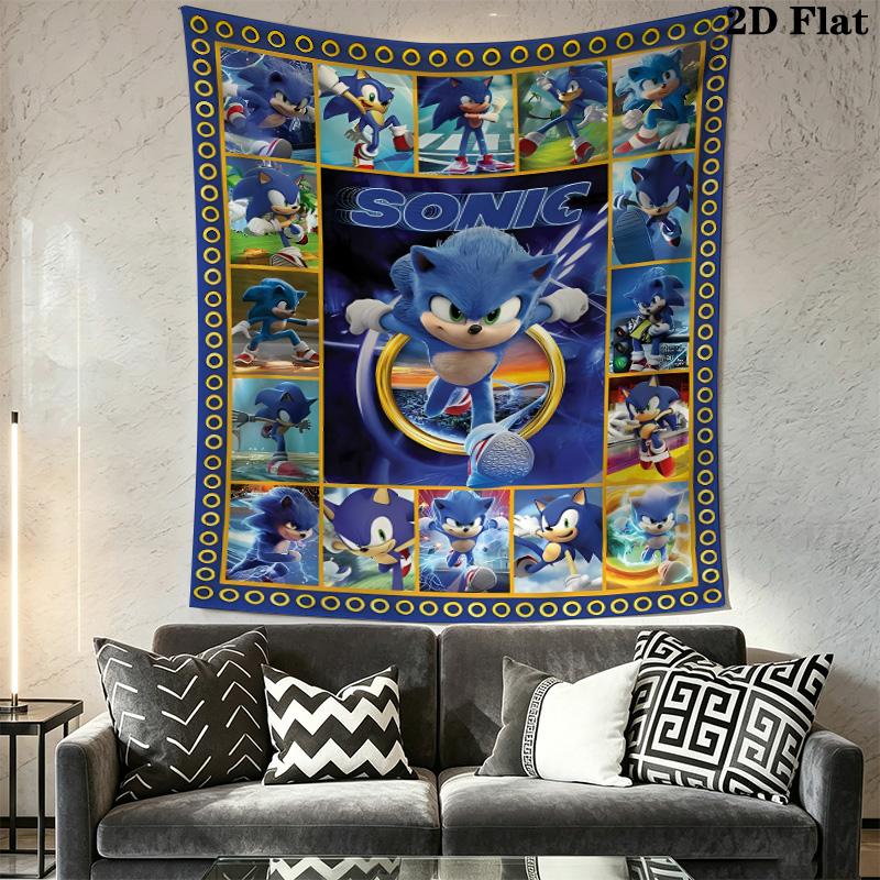 Sonic Collage Photo Wall Tapestry Multi Scene Character Grid Print Inspirational Quote Hanging Cloth Game Room Wall Decor