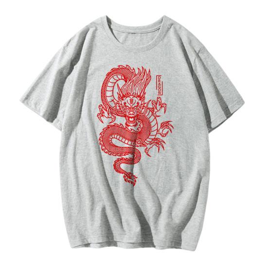 Unisex T-shirt Dragon Print O Neck Short Sleeve Loose Pullover Pure Color Casual Soft