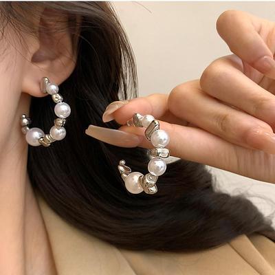 New Trend Irregular C-type Pearl Metal Gravel Pendant Earring for Women Korean Brincos Wedding Jewelry Girl Gift