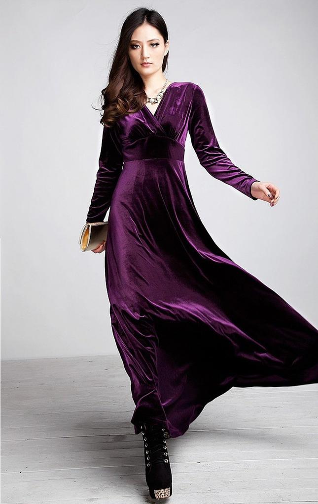 Platinum Liberty long perfect for parties and dance Velvet dress size V-neck, high-waisted, empire-waisted, maxi-length dress, halls. (purple, L).