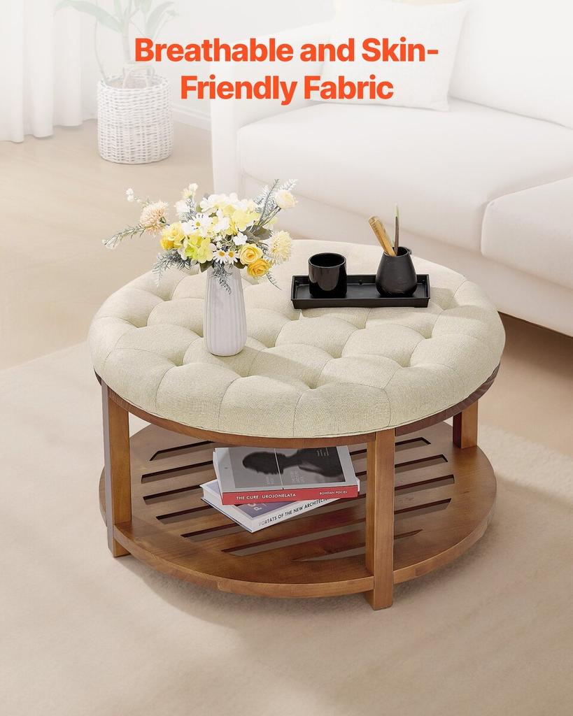Large Round Ottoman Coffee Table, 81 cm Tufted Coffee Table with Solid Wood Shelf Storage, Linen Solid Upholstered Footrest Ottoman for Bedroom Living