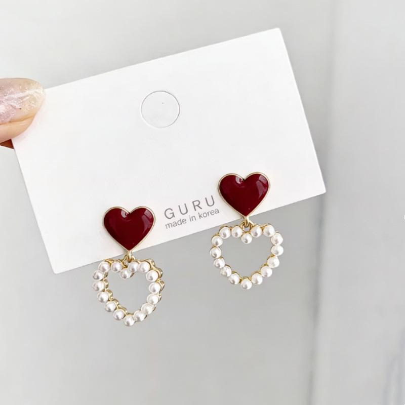 Korean Hollow Heart Pearl Earrings - Sweet Drip Oil Peach Heart Studs
