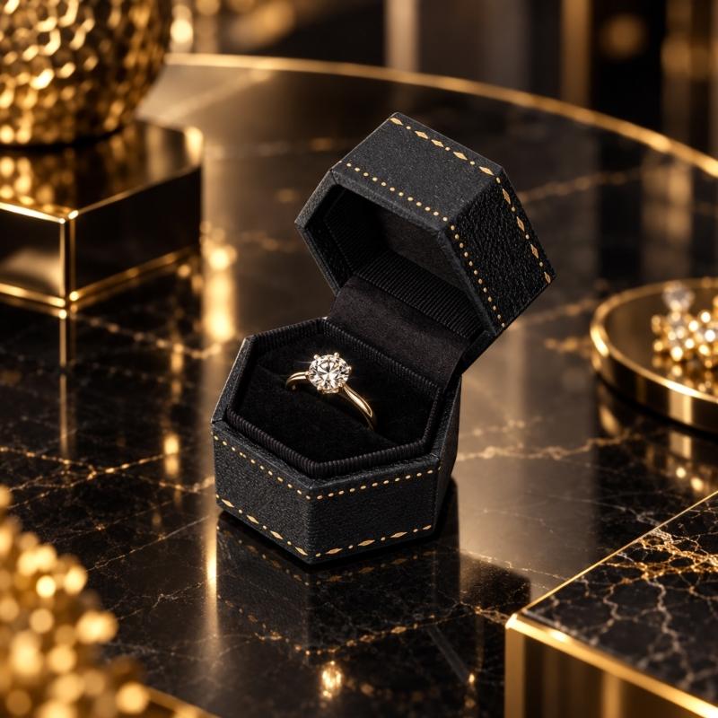 Hexagonal Ring Presentation Box with Black Interior, Gold-Tone Border Pattern, and Attached Lid for Retail Display