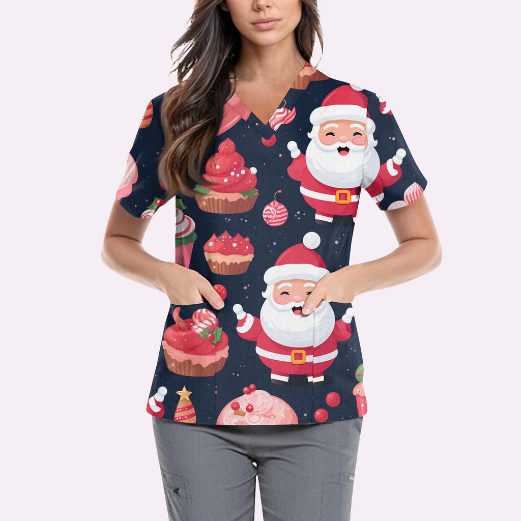 Women's Cute Printed Work Clothes V-neck Double Layer Pockets Basic Short Sleeve Top Pullover Valentines
