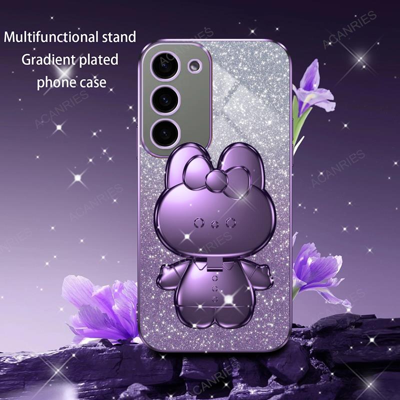 Cute 3D Rabbit Makeup Mirror Stand Plating Case For Samsung Galaxy S23 Ultra S22 Plus 5G S21 S20 FE Protect Back Cover S 23 22