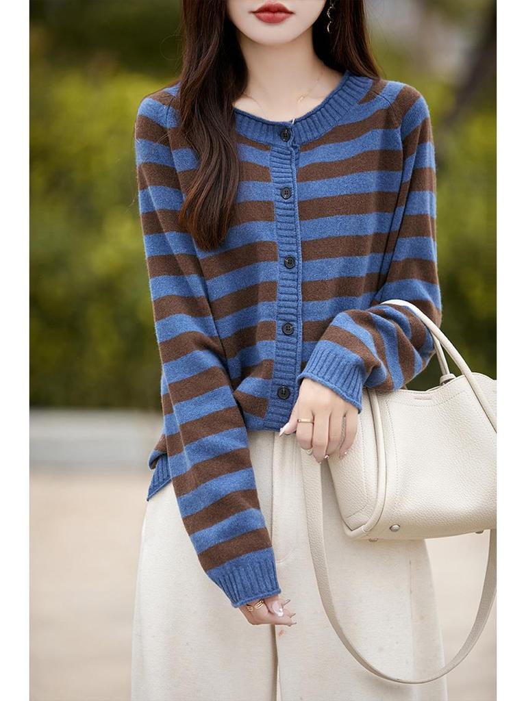 2024 Fall/Winter Pure Wool Color Block Striped Knit Cardigan - Women's Versatile Loose Fit